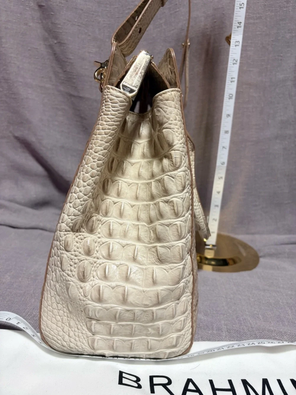 Brahmin Cream Croc-Embossed Leather Satchel with Gold Hardware